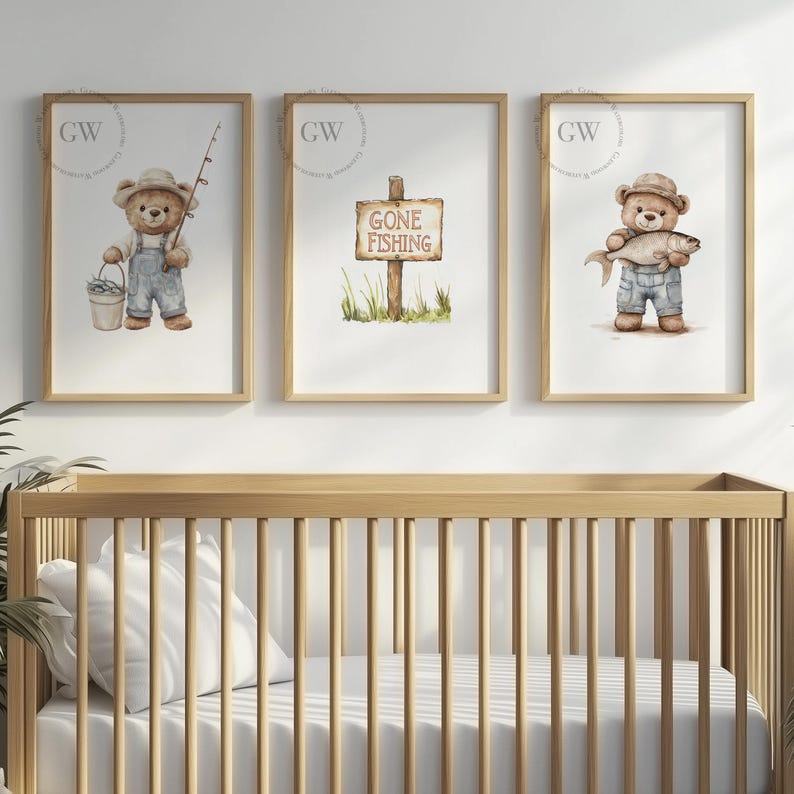May include: Three watercolor illustrations of a brown teddy bear in a blue overall. The first image shows the bear holding a fishing rod and a bucket of fish. The second image shows a sign that says "Gone Fishing". The third image shows the bear holding a fish.