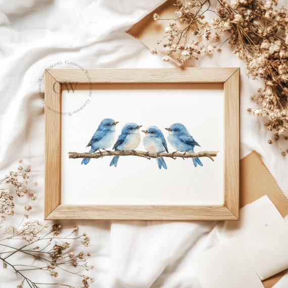 Four Bluebirds on a Limb Watercolor Art | Watercolor | Farmhouse Wall Decor | Minimalist Watercolor | Springtime Artwork| Watercolor Birds