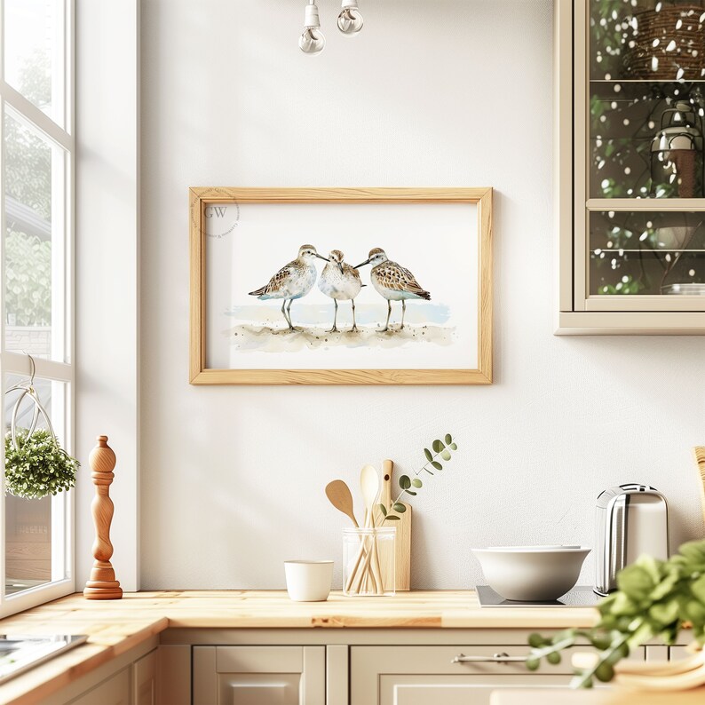 May include: A framed watercolor painting of three brown and white shorebirds standing on a sandy beach. The birds are facing each other and have their heads tilted. The painting is set against a white background.