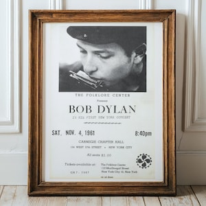 Vintage Concert Poster, Carnegie Chapter Hall 1961 Poster, Music Memorabilia Wall Art, Retro Concert Print Bob Dylan, Classic Music Decor