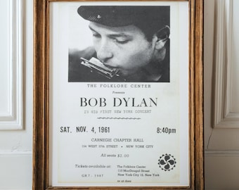 Póster de concierto vintage, póster del Carnegie Chapter Hall de 1961, arte mural con recuerdos musicales, impresión retro de concierto de Bob Dylan, decoración de música clásica