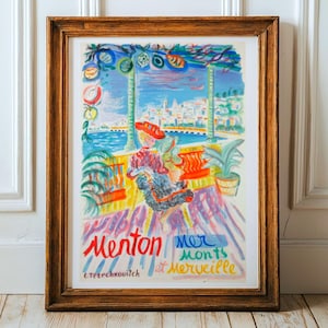 Póster de viaje vintage de Menton, arte mural de la Riviera Francesa, impresión artística colorida, póster retro decorativo, arte urbano costero