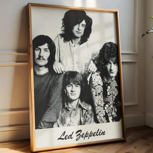 Vintage Led Zeppelin band poster, classic rock music wall art, retro black and white print, iconic band memorabilia decor