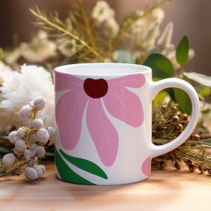 Pink Flowers Green Leaves Patterned Mug, Floral Print Coffee Cup, Beautiful Spring Blooms Design, Perfect Gift for Flower Lovers