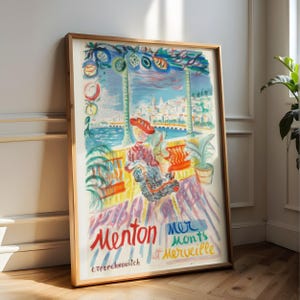 Cartel de arte de Menton Francia, impresión de la Riviera francesa, cartel de viaje vintage, descarga digital, mujer con sombrero rojo, Mer et Monts Merveille