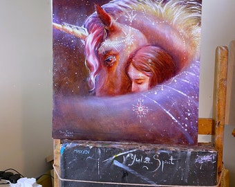 El misterio del poder mágico. La niña y el Unicornio. Pintura al óleo hecha a mano.