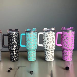 40oz Leopard Print Tumbler -Stainless Steel-  Cup Mug W/Lid, Straw, handle and box