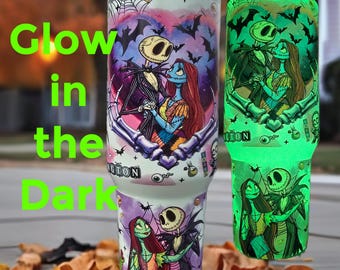 Glow In the Dark 40oz Tumbler - Stainless Steel - Green or Blue Glow - Nightmare Christmas