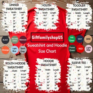 The image is a size chart for various types of sweatshirts and hoodies, including military, youth, toddler, and long sleeve options.