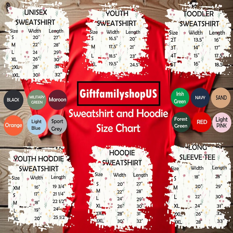 The image is a size chart for various types of sweatshirts and hoodies, including military, youth, toddler, and long sleeve options.