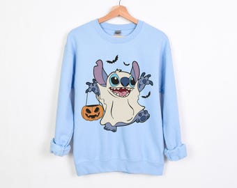 Halloween Patchwork Stitch Sweatshirt, Stitch Halloween Sweatshirt, Halloween Stitch Ghost Sweatshirt, Disneyland Halloween Hoodie