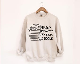 Sudadera «Me distraigo fácilmente con gatos y libros», regalo para amantes de los libros, sudadera con capucha divertida de gato, suéter para amantes de los gatos, regalo para amantes de los gatos, suéter para lectores