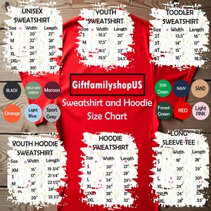 The image is a size chart for various types of sweatshirts and hoodies, including military, youth, toddler, and long sleeve options.
