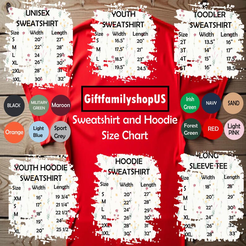 The image is a size chart for various types of sweatshirts and hoodies, including military, youth, toddler, and long sleeve options.