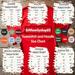 The image is a size chart for various types of sweatshirts and hoodies, including military, youth, toddler, and long sleeve options.