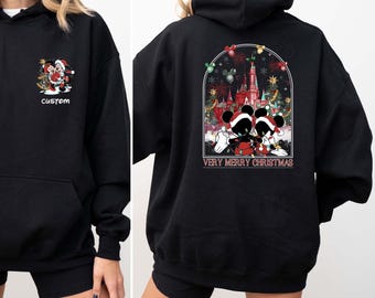 Two-sided Custom Mickey Minnie Couple Disney Christmas Hoodie, Mickey's Very Merry Xmas Party, Disneyland Castle Holiday Couple Xmas Trip