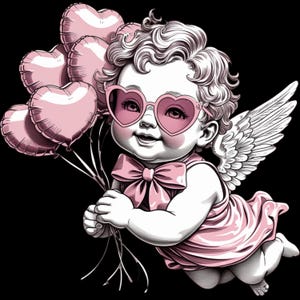 Ángel rosa PNG con gafas de sol con forma de corazón y lazo / Clipart de querubín del día de San Valentín / Descarga digital de lindo Cupido, png de tendencia