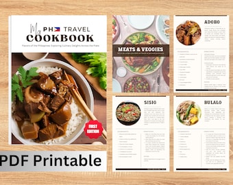 Könnte beinhalten: Ein Kochbuchcover mit einem Foto einer Schüssel mit Essen, betitelt "My PH Travel Cookbook: Flavors of the Philippines: Exploring Culinary Delights Across the Plate". Das Cover enthält auch einen roten Stempel mit der Aufschrift "First Edition".