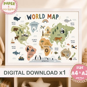 May include: A colourful world map print, framed in white, featuring illustrations of animals and landmarks. The text "WORLD MAP" is displayed at the top. Available as a digital download in A4 and A3 sizes.