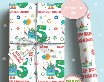 Envoltura de regalo con temática de robot personalizable - Papel de regalo de cumpleaños colorido personalizado