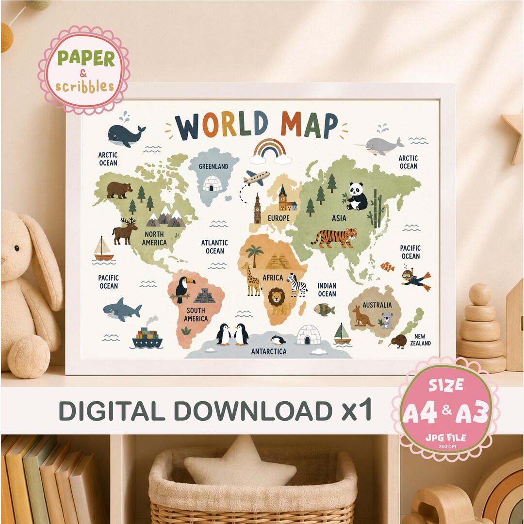 Kids World Map Wall Art Printable, Neutral Nursery Decor, Educational ...