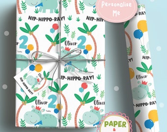 Adorabile carta da regalo a tema giungla ippopotamo - Confezione regalo di compleanno personalizzata
