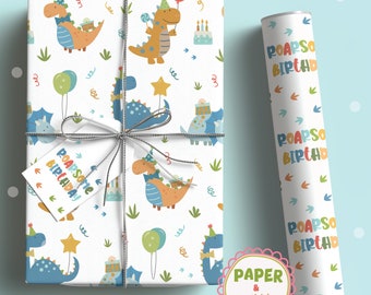 Celebre con un toque de color - Papel de regalo de dinosaurio de cumpleaños, papel de regalo
