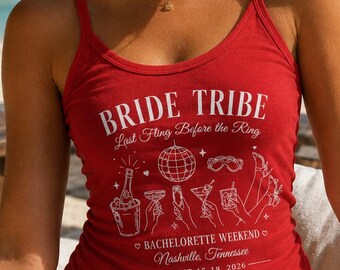 Débardeur personnalisé « Bride Tribe » pour enterrement de vie de jeune fille, avec nom et lieu de la future mariée. Cadeau idéal.