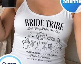 Débardeur personnalisé « Tribu de la mariée », T-shirt cadeau pour enterrement de vie de jeune fille avec le nom et le lieu de la mariée