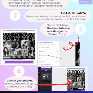 Pu&ograve; includere: Un'infografica illustrativa intitolata HOW WILL IT WORK? che descrive un processo in quattro fasi per l'utilizzo di un modello digitale. Include testo, cerchi numerati e screenshot dell'interfaccia di Canva, compresi i pulsanti Use templates for new designs e Make a copy.