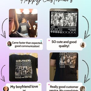 May include: Four customer reviews for a black t-shirt with a collage of images and text. The text on the shirts includes "Girlfriend", "I was made for lovin' you", "Only You", "Baby I will love you forever", and "I love you forever".