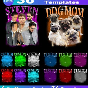 Pu&ograve; includere: Un set di 36 design di magliette personalizzabili con una variet&agrave; di temi, tra cui un gruppo di uomini con la parola "STEVEN" e un gruppo di carlini con le parole "DOG MOM". I design includono anche una variet&agrave; di sfondi e testi colorati.