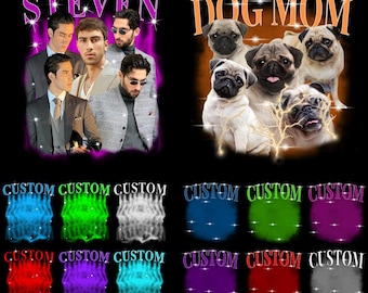 Può includere: Un set di 36 design di magliette personalizzabili con una varietà di temi, tra cui un gruppo di uomini con la parola "STEVEN" e un gruppo di carlini con le parole "DOG MOM". I design includono anche una varietà di sfondi e testi colorati.