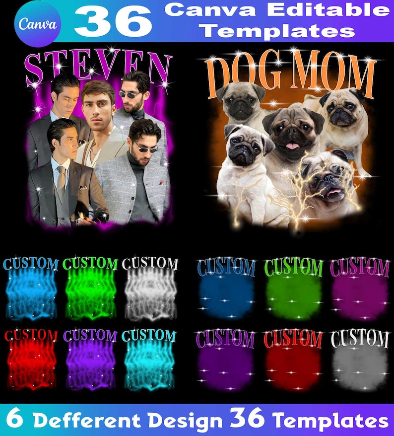 Pu&ograve; includere: Un set di 36 design di magliette personalizzabili con una variet&agrave; di temi, tra cui un gruppo di uomini con la parola "STEVEN" e un gruppo di carlini con le parole "DOG MOM". I design includono anche una variet&agrave; di sfondi e testi colorati.