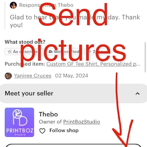 May include: Screenshot of an Etsy listing with a customer review. The review states, "It met my expectations, it's beautiful. I recommend it." The seller's shop name is PrintBozStudio, and the "Message Thebo" button is visible.