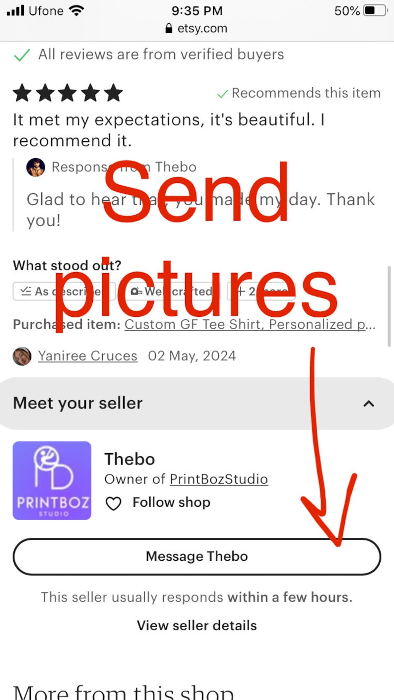 May include: Screenshot of an Etsy listing with a customer review. The review states, "It met my expectations, it's beautiful. I recommend it." The seller's shop name is PrintBozStudio, and the "Message Thebo" button is visible.