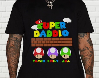 Personalized Super Daddio Dad T-Shirt, Custom Kids Names Fathers Day Shirt Gift For Dad