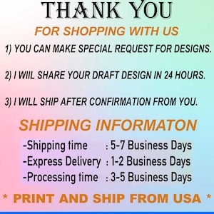 May include: Text on a gradient background reads "THANK YOU FOR SHOPPING WITH US." Additional text includes information about design requests, draft sharing, and shipping. The phrase "PRINT AND SHIP FROM USA" is also visible.