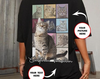 May include: Black t-shirt featuring a grid of cat portraits in various poses and colors. A large cat image is centered, with the words "Custom Version" in cursive. The shirt includes areas for custom text and a picture.
