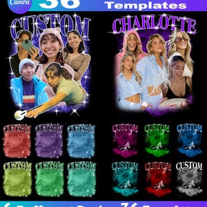 May include: 36 customizable t-shirt templates featuring different designs with a galaxy background. The designs include a group of people with the word "CUSTOM" and a group of people with the name "CHARLOTTE".