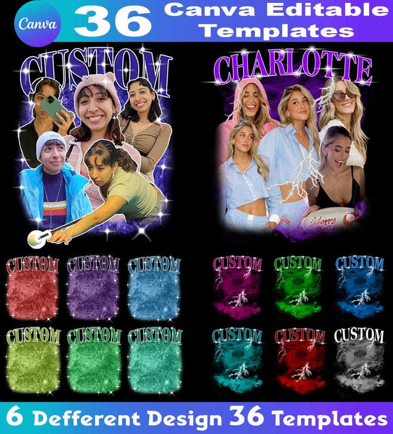 Pu&ograve; includere: Un modello di design digitale con le parole "CUSTOM" e "CHARLOTTE" e immagini di persone. Il design include il testo "Canva Editable Templates" e "6 Different Design 36 Templates" su sfondo nero. Ci sono diverse varianti di colore.