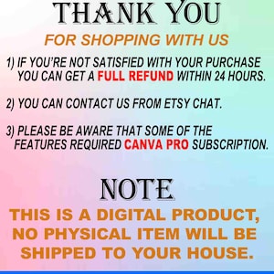 Pu&ograve; includere: Annuncio di prodotto digitale con la scritta "THANK YOU" in alto. Il testo informa i clienti su rimborsi, supporto chat Etsy e requisiti di Canva Pro. La nota chiarisce che si tratta di un prodotto digitale, senza spedizione fisica.
