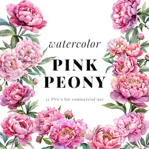32 High Quality Watercolor Pink Peony Clipart PNG, Pink Flowers Clipart, Printable Graphics, Digital Wall Art, Junk Journal, Cards