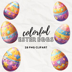 May include: Colorful Easter eggs with various patterns and designs. The eggs are decorated with yellow, pink, blue, and purple colors. The text "colorful ESTER EGGS 28 PNG CLIPART" is displayed below the eggs.