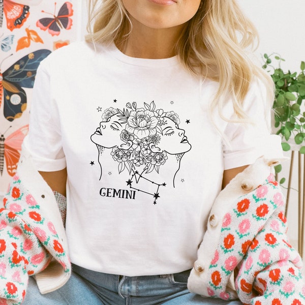 Horoscope Celestial T-shirt | Gemini Horoscope T-Shirt | Gemini Floral T-shirt | Gemini Birthday T-Shirt | Birthday May 21st - June 21st