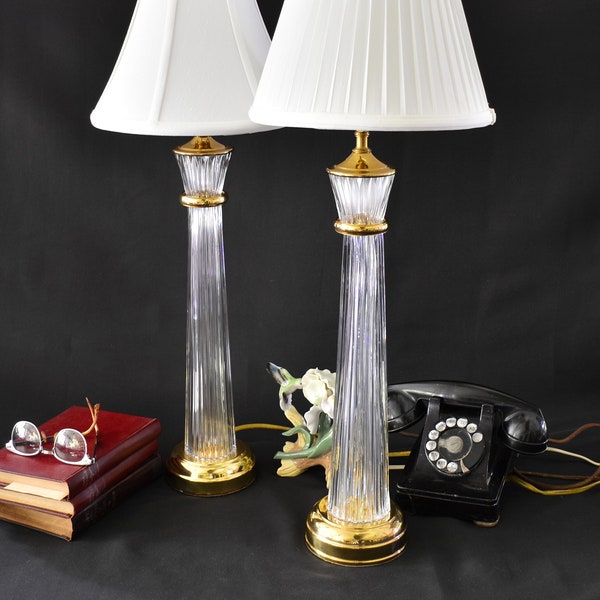 Vintage Pair of 1960's Hollywood Regency Waterford Cut Lead Crystal Column Form Lamps