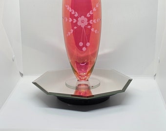 Large Vintage Etched Cranberry Glass Vases