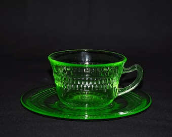Rare Antique Roulette Green Uranium Depression Tea Cups and Saucers