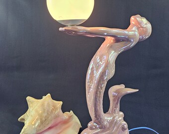 Rare Vintage 1960's Pink Mermaid Art Deco Table Lamp.