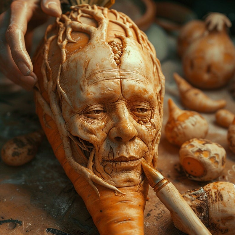 May include: A carved carrot sculpture depicting a human face with intricate details. The orange carrot is being worked on with a carving tool. Other carved root vegetables are in the background.